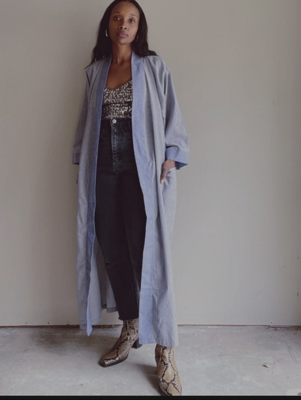 Christian Dior Blue Pinstripe Long Robe/ Duster Coat Cardigan No Belt O/S Cotton